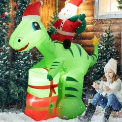 Tangkula 8 FT Lighted Christmas Inflatable Santa Claus Dinosaur Decoration with Gift Boxes