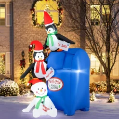 Tangkula 6 FT Lighted Christmas Inflatable Decoration, Inflatable North Pole Mailbox with Penguins and Snowman