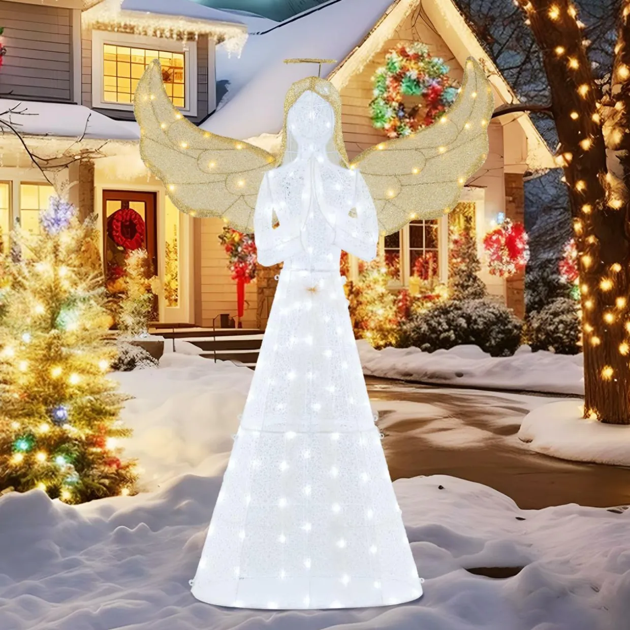 Tangkula 5 FT Lighted Christmas Angel, Light-up Winged Xmas Angel with 150 LED Lights, Zip Ties & Ground Stakes