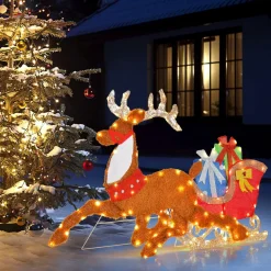 Tangkula 5.6 FT Lighted Christmas Reindeer with Sleigh Decoration