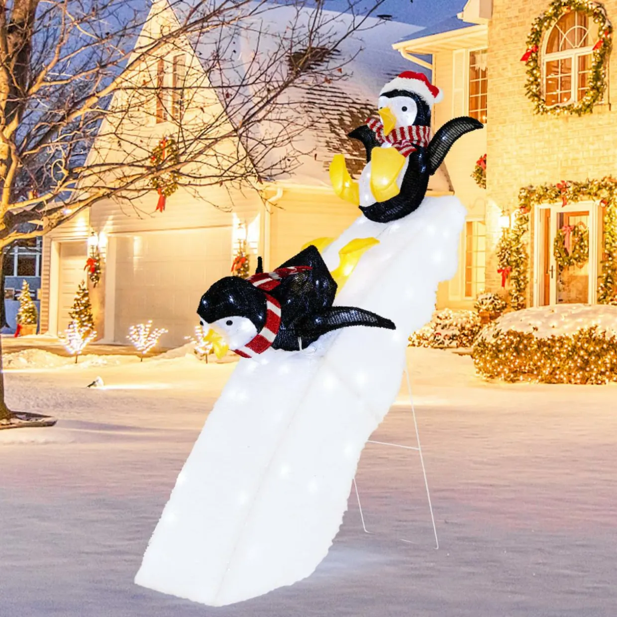 Tangkula 4 FT Lighted Christmas Penguin Slide Scene Decoration