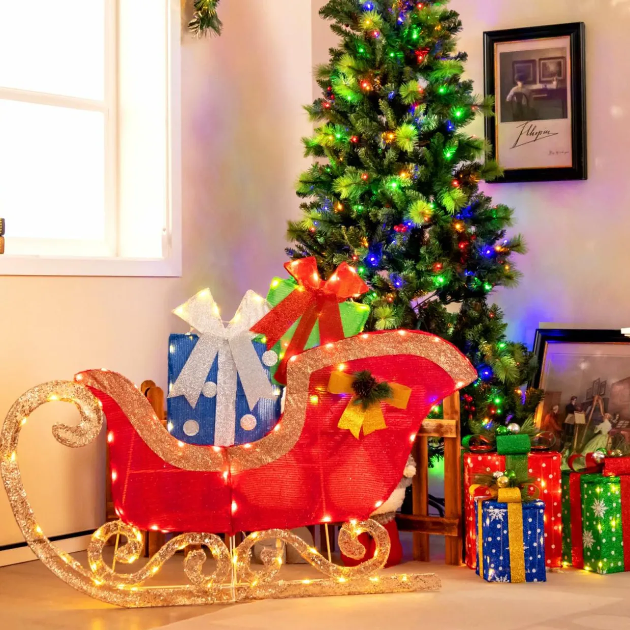 Tangkula 4 FT Lighted Christmas Sleigh Decoration, Lighted Santa