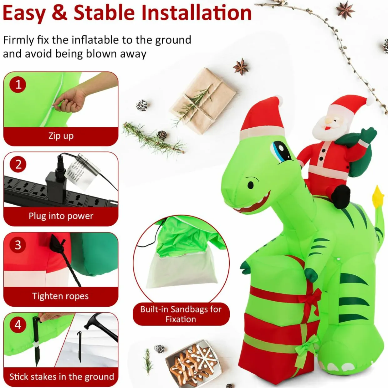 Tangkula 8 FT Lighted Christmas Inflatable Santa Claus Dinosaur Decoration with Gift Boxes