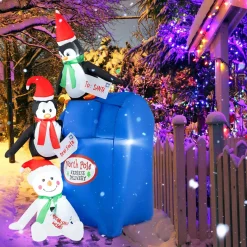 Tangkula 6 FT Lighted Christmas Inflatable Decoration, Inflatable North Pole Mailbox with Penguins and Snowman