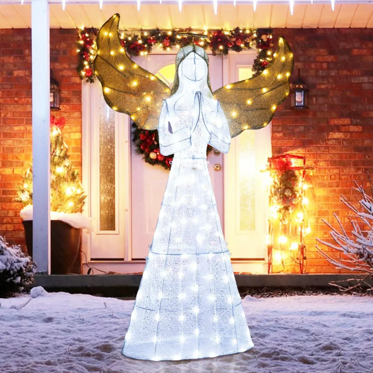 Tangkula 5 FT Lighted Christmas Angel, Light-up Winged Xmas Angel with 150 LED Lights, Zip Ties & Ground Stakes