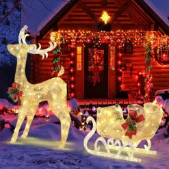 Tangkula 4.7 FT Lighted Christmas Reindeer & Sleigh, Xmas Lighted Outdoor Decoration with 100 Warm Lights