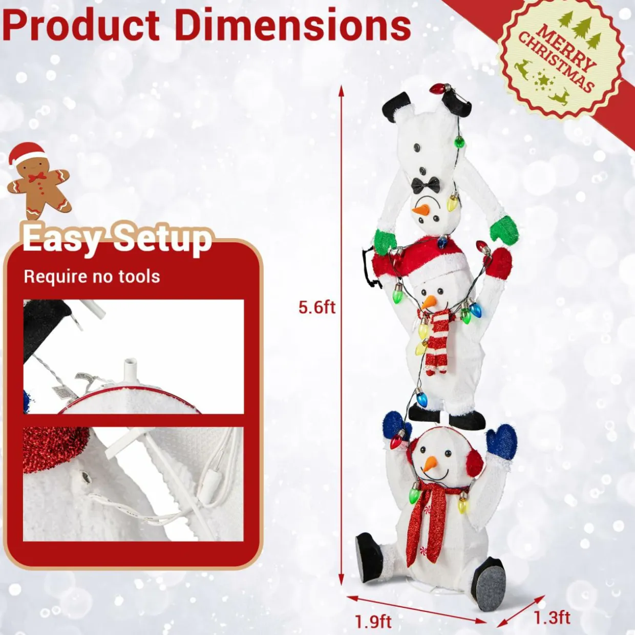 Tangkula 5.6 FT Lighted Christmas Stacked Snowmen Decoration