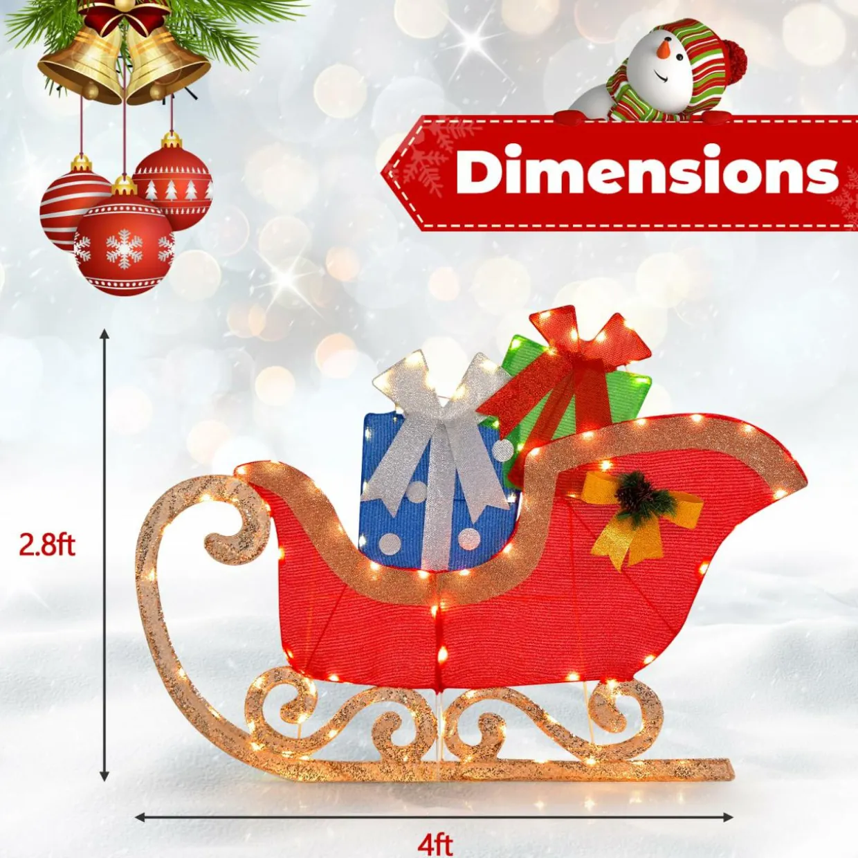 Tangkula 4 FT Lighted Christmas Sleigh Decoration, Lighted Santa