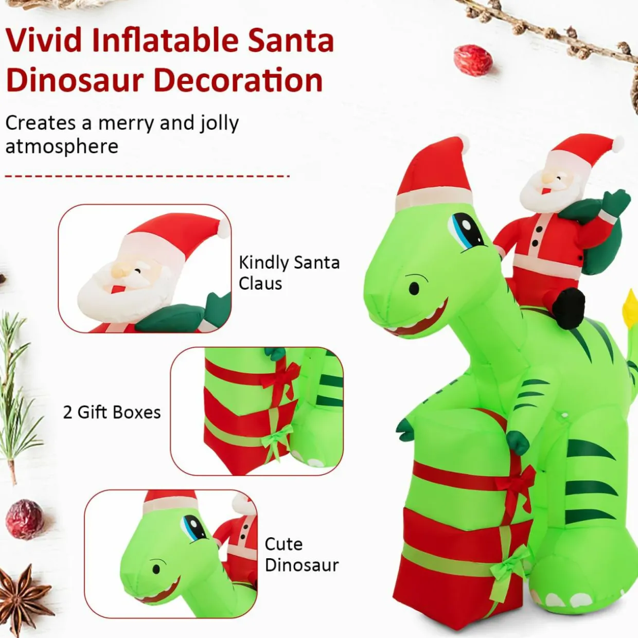 Tangkula 8 FT Lighted Christmas Inflatable Santa Claus Dinosaur Decoration with Gift Boxes
