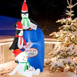 Tangkula 6 FT Lighted Christmas Inflatable Decoration, Inflatable North Pole Mailbox with Penguins and Snowman