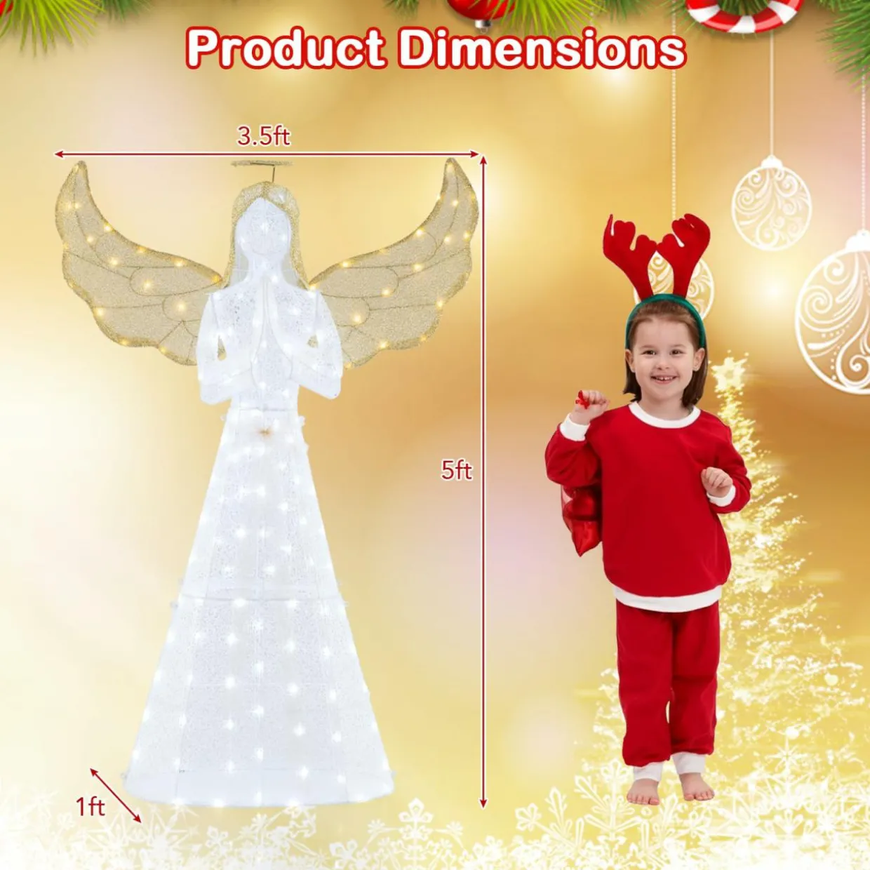 Tangkula 5 FT Lighted Christmas Angel, Light-up Winged Xmas Angel with 150 LED Lights, Zip Ties & Ground Stakes