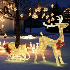 Tangkula 4.7 FT Lighted Christmas Reindeer & Sleigh, Xmas Lighted Outdoor Decoration with 100 Warm Lights