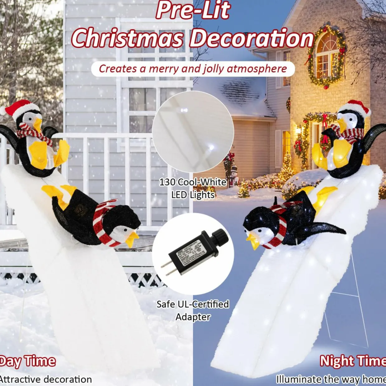 Tangkula 4 FT Lighted Christmas Penguin Slide Scene Decoration