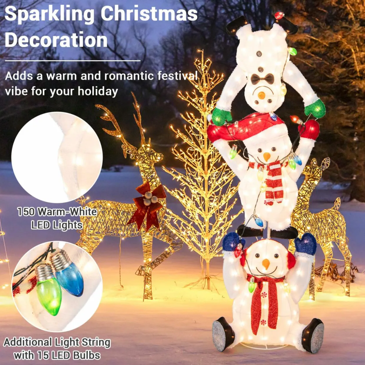Tangkula 5.6 FT Lighted Christmas Stacked Snowmen Decoration