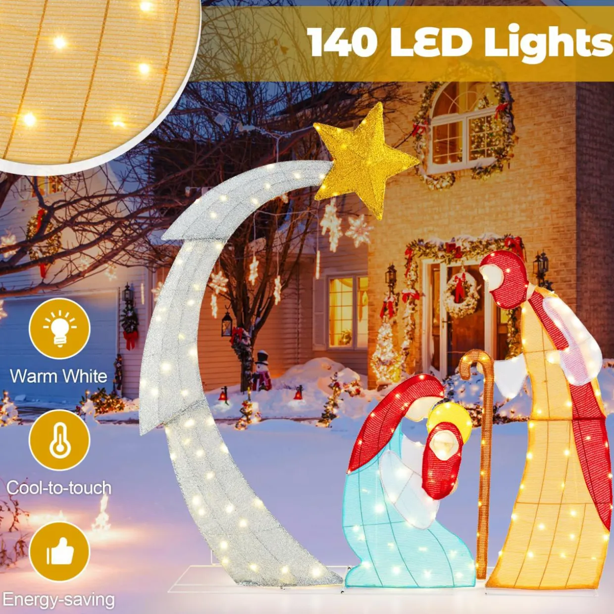 Tangkula 5 FT Lighted Christmas Nativity Scene Set, Outdoor Holy Family Decoration with 140 Warm White LED Lights