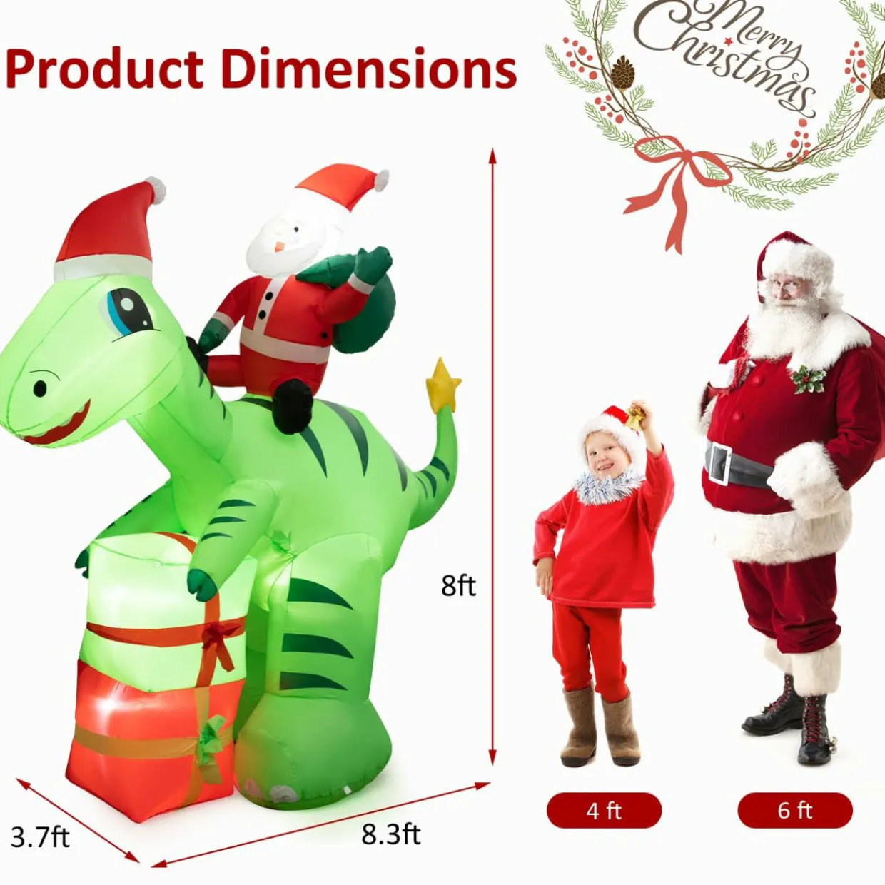 Tangkula 8 FT Lighted Christmas Inflatable Santa Claus Dinosaur Decoration with Gift Boxes