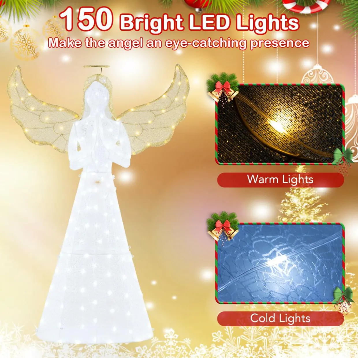 Tangkula 5 FT Lighted Christmas Angel, Light-up Winged Xmas Angel with 150 LED Lights, Zip Ties & Ground Stakes