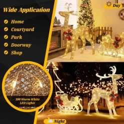 Tangkula 4.7 FT Lighted Christmas Reindeer & Sleigh, Xmas Lighted Outdoor Decoration with 100 Warm Lights