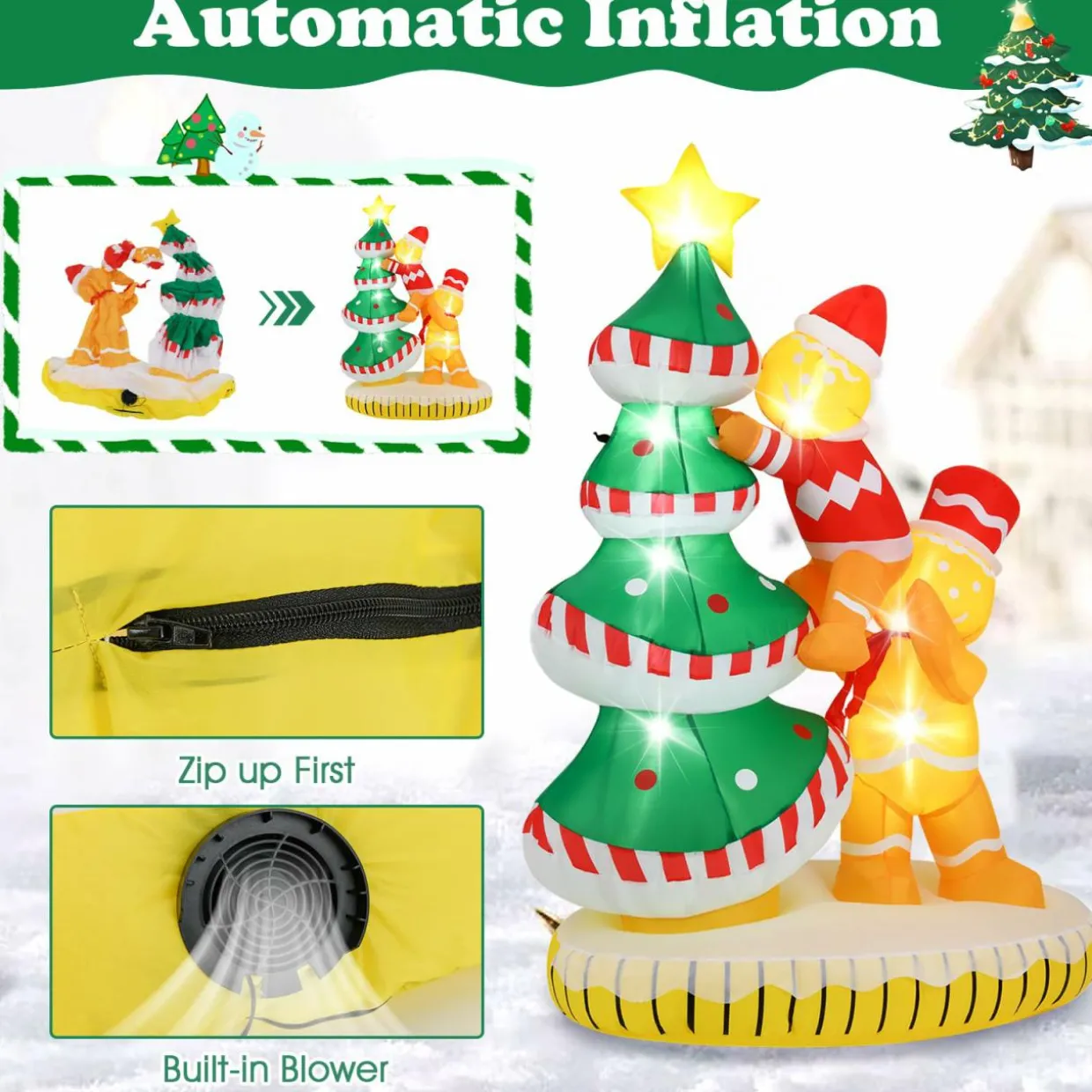 Tangkula 7 FT Lighted Christmas Inflatable Gingerbread Men Climbing Christmas Tree with LED Lights & Built-in Fan
