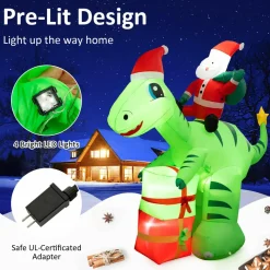 Tangkula 8 FT Lighted Christmas Inflatable Santa Claus Dinosaur Decoration with Gift Boxes