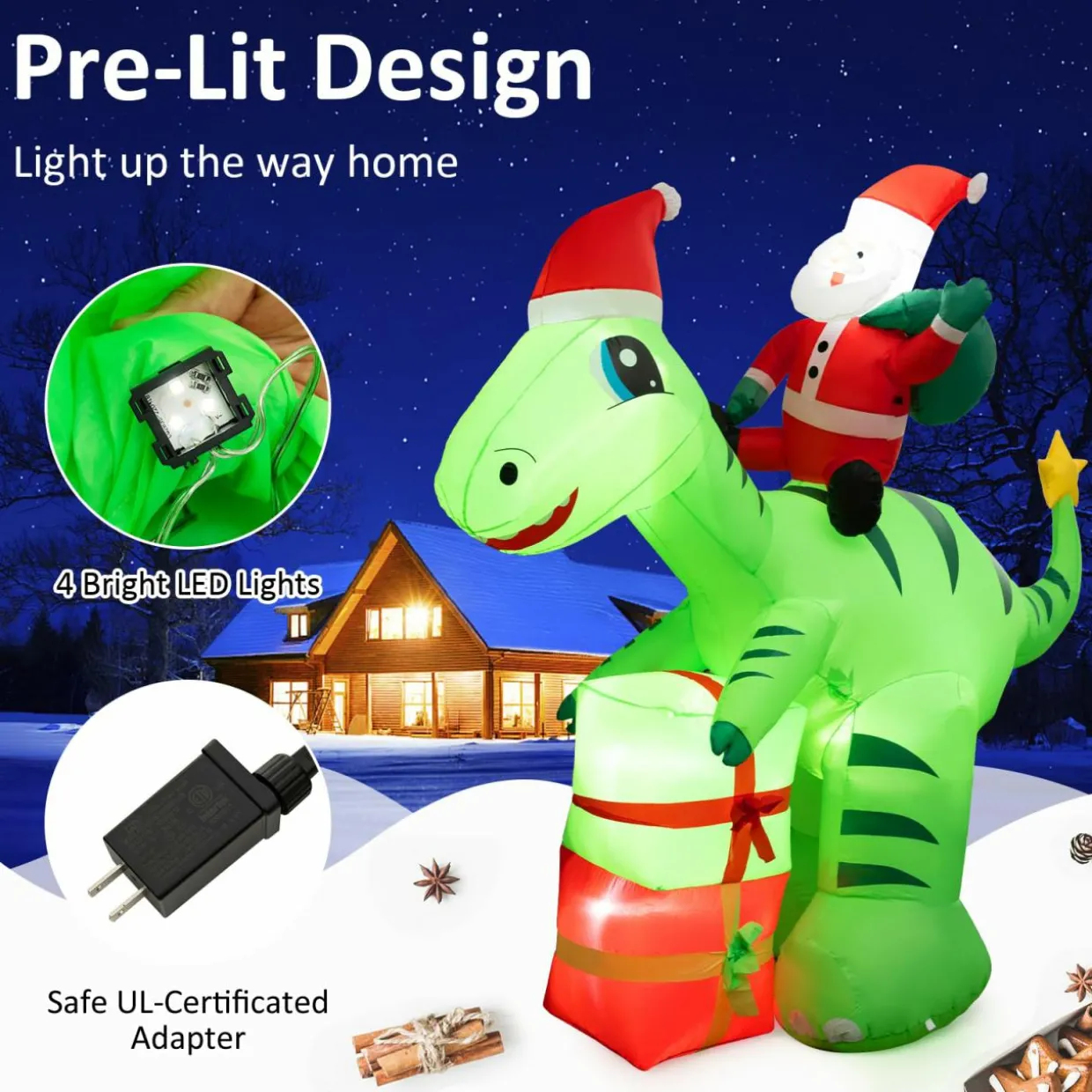 Tangkula 8 FT Lighted Christmas Inflatable Santa Claus Dinosaur Decoration with Gift Boxes