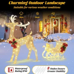 Tangkula 4.7 FT Lighted Christmas Reindeer & Sleigh, Xmas Lighted Outdoor Decoration with 100 Warm Lights