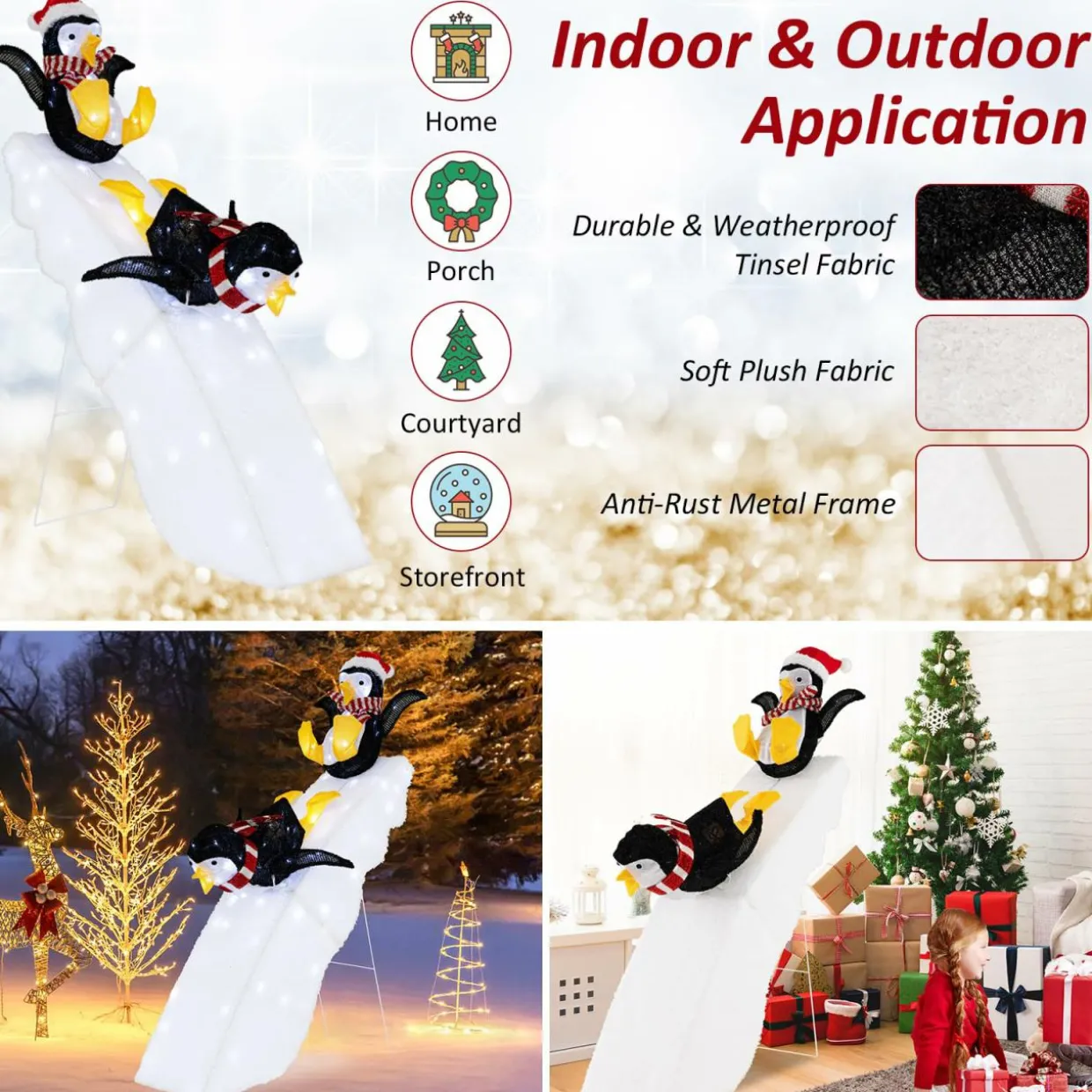 Tangkula 4 FT Lighted Christmas Penguin Slide Scene Decoration