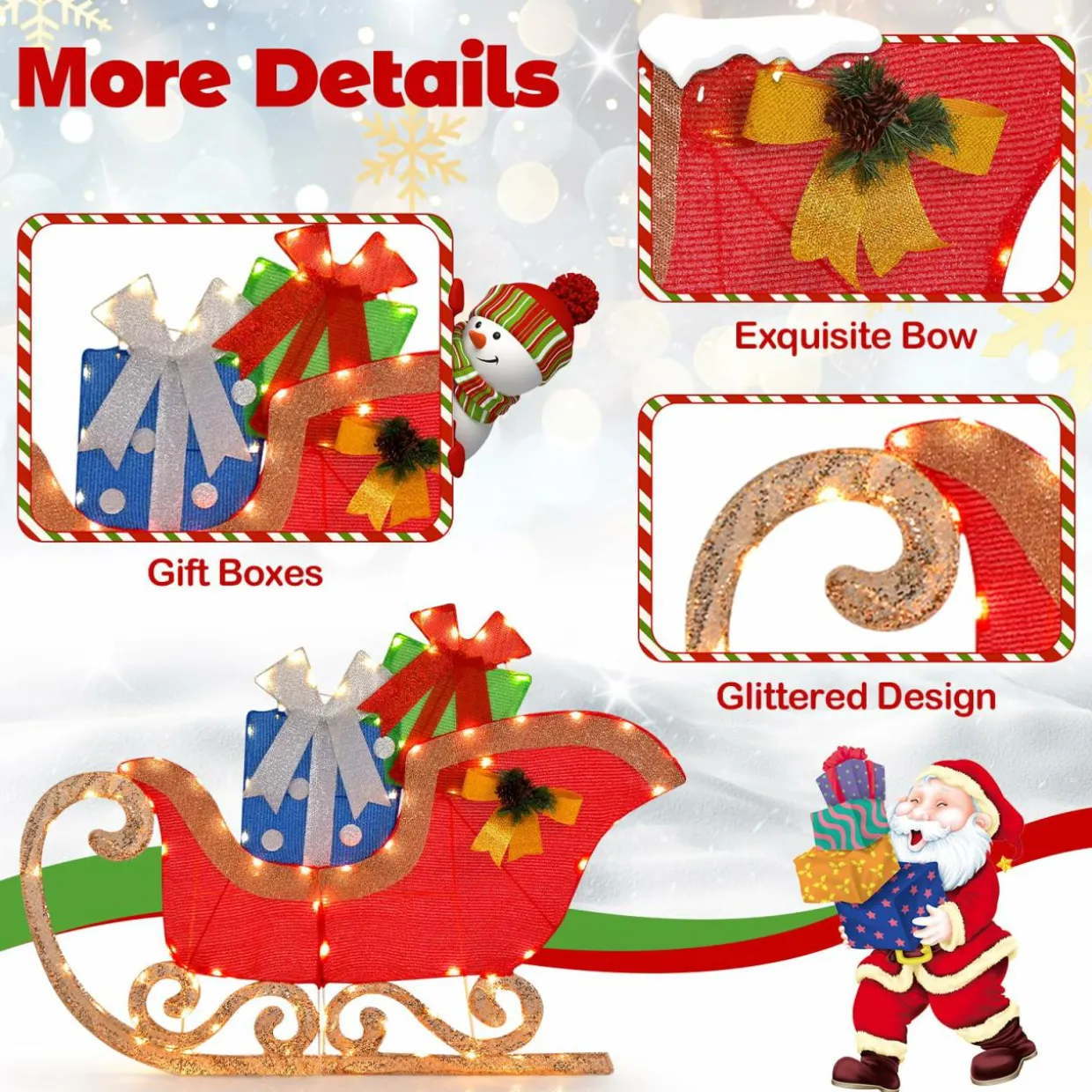 Tangkula 4 FT Lighted Christmas Sleigh Decoration, Lighted Santa