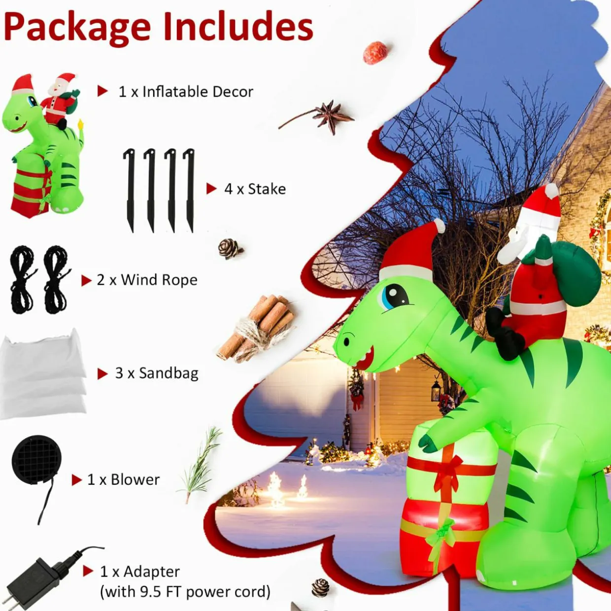 Tangkula 8 FT Lighted Christmas Inflatable Santa Claus Dinosaur Decoration with Gift Boxes