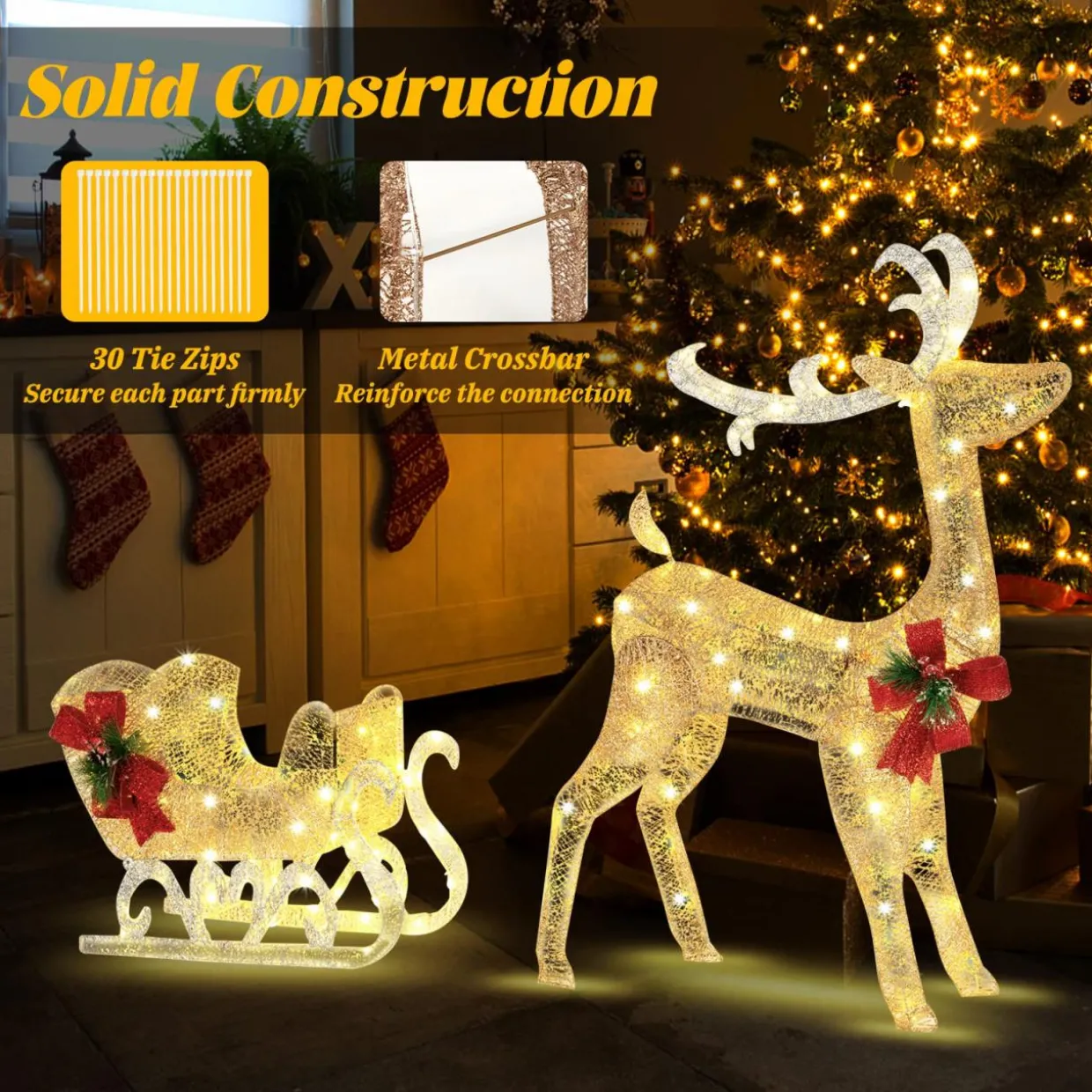 Tangkula 4.7 FT Lighted Christmas Reindeer & Sleigh, Xmas Lighted Outdoor Decoration with 100 Warm Lights