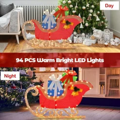 Tangkula 4 FT Lighted Christmas Sleigh Decoration, Lighted Santa