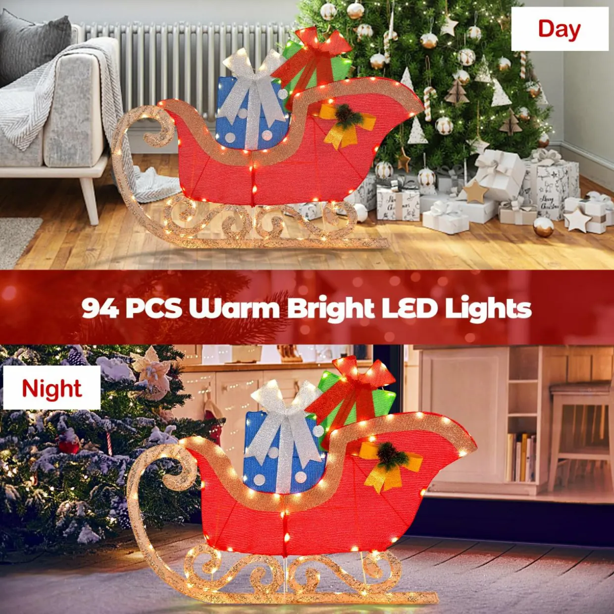 Tangkula 4 FT Lighted Christmas Sleigh Decoration, Lighted Santa