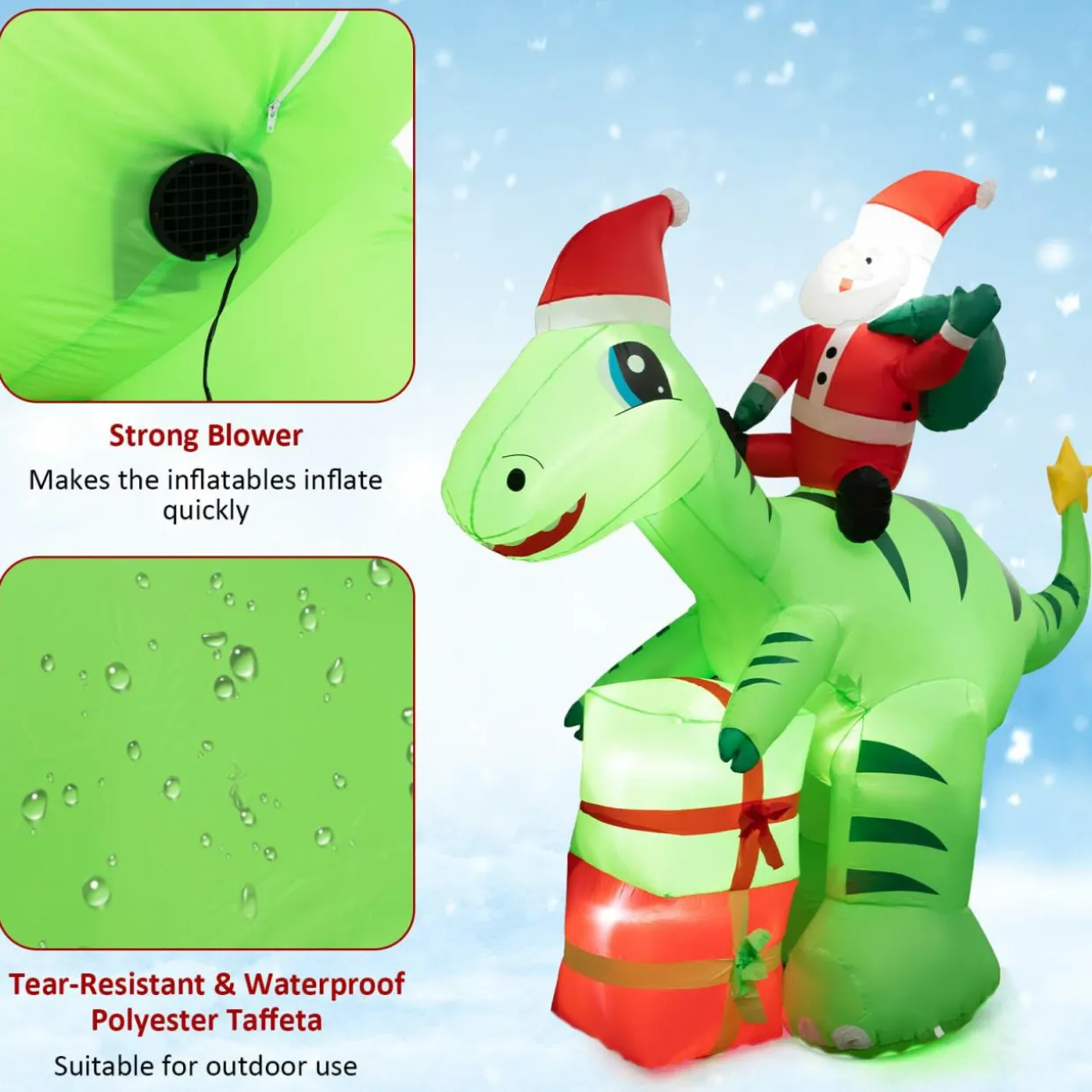 Tangkula 8 FT Lighted Christmas Inflatable Santa Claus Dinosaur Decoration with Gift Boxes