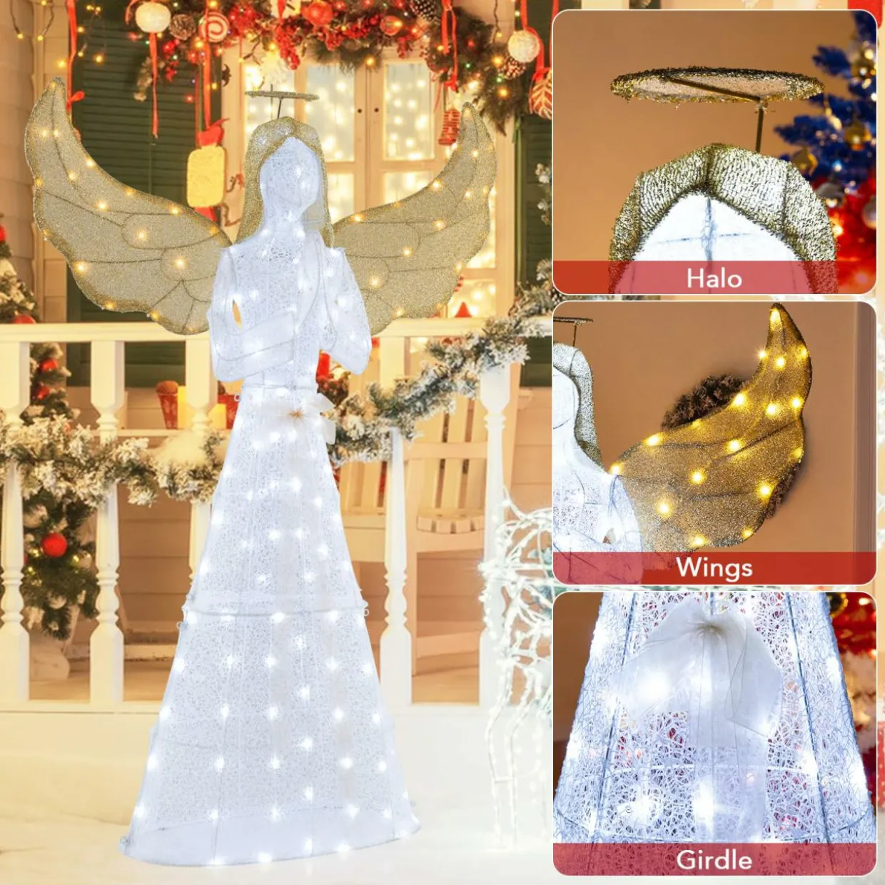 Tangkula 5 FT Lighted Christmas Angel, Light-up Winged Xmas Angel with 150 LED Lights, Zip Ties & Ground Stakes