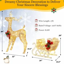 Tangkula 4.7 FT Lighted Christmas Reindeer & Sleigh, Xmas Lighted Outdoor Decoration with 100 Warm Lights