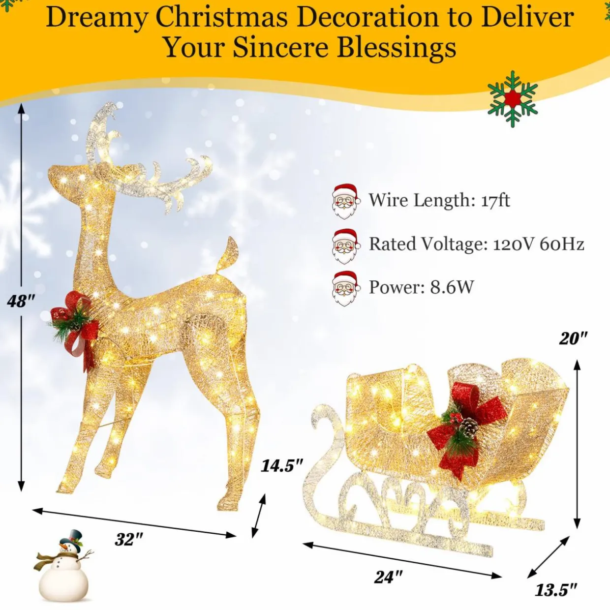 Tangkula 4.7 FT Lighted Christmas Reindeer & Sleigh, Xmas Lighted Outdoor Decoration with 100 Warm Lights