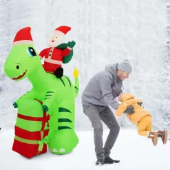 Tangkula 8 FT Lighted Christmas Inflatable Santa Claus Dinosaur Decoration with Gift Boxes