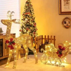 Tangkula 4.7 FT Lighted Christmas Reindeer & Sleigh, Xmas Lighted Outdoor Decoration with 100 Warm Lights