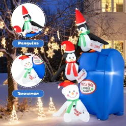 Tangkula 6 FT Lighted Christmas Inflatable Decoration, Inflatable North Pole Mailbox with Penguins and Snowman
