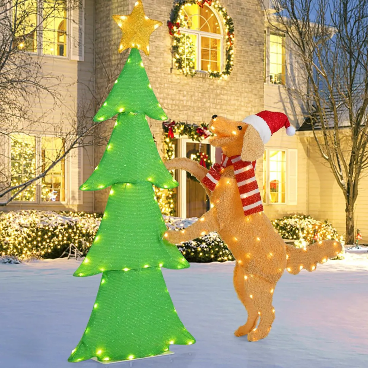 Tangkula 4.5 FT Lighted Dachshund Dog Climbing Christmas Tree Decoration