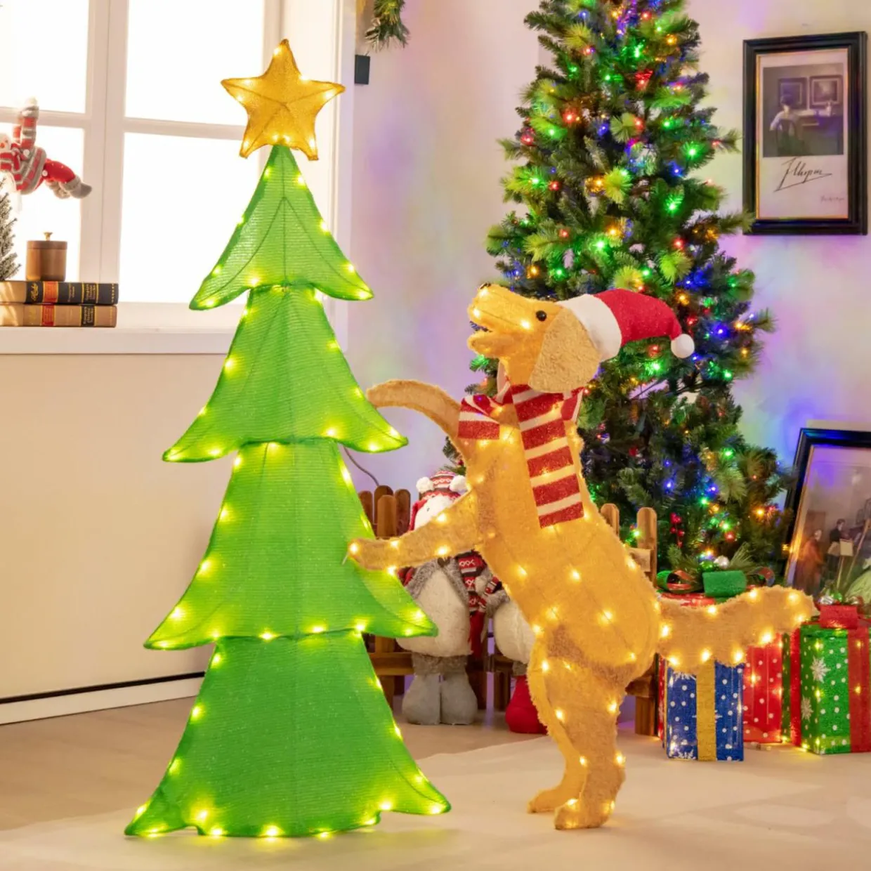 Tangkula 4.5 FT Lighted Dachshund Dog Climbing Christmas Tree Decoration