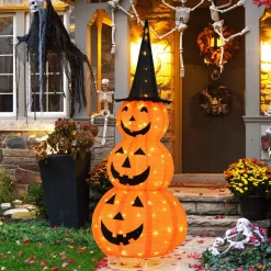 Tangkula 5 FT Lighted Halloween Collapsible Stacked Pumpkins with Witch Hat, 100 LED Lights
