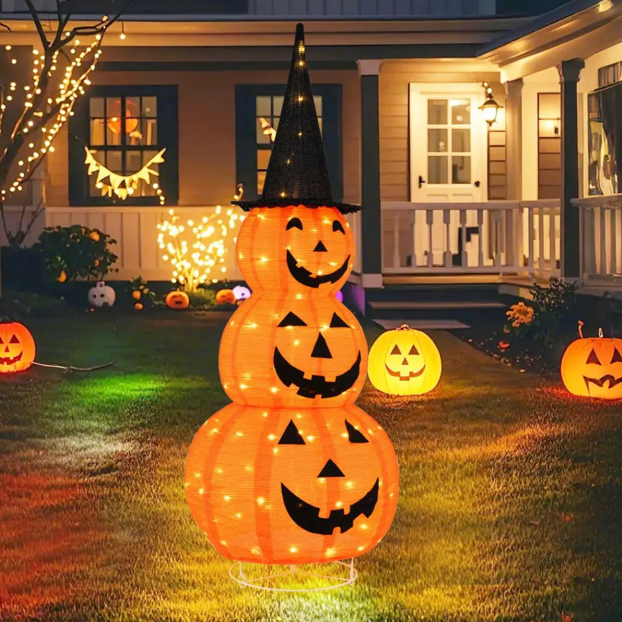 Tangkula 5 FT Lighted Halloween Collapsible Stacked Pumpkins with Witch Hat, 100 LED Lights