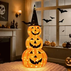 Tangkula 5 FT Lighted Halloween Collapsible Stacked Pumpkins with Witch Hat, 100 LED Lights