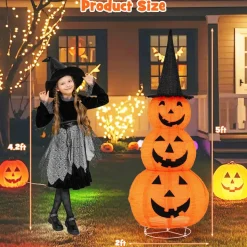Tangkula 5 FT Lighted Halloween Collapsible Stacked Pumpkins with Witch Hat, 100 LED Lights