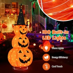Tangkula 5 FT Lighted Halloween Collapsible Stacked Pumpkins with Witch Hat, 100 LED Lights