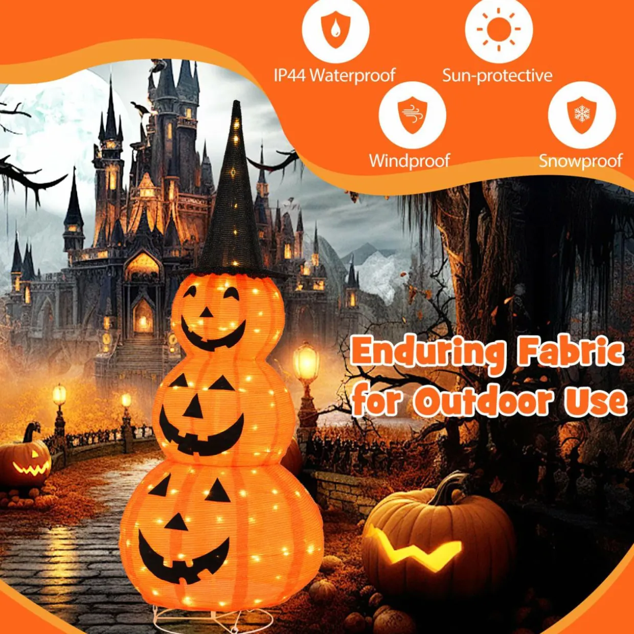 Tangkula 5 FT Lighted Halloween Collapsible Stacked Pumpkins with Witch Hat, 100 LED Lights