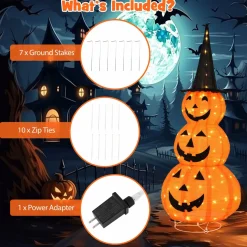 Tangkula 5 FT Lighted Halloween Collapsible Stacked Pumpkins with Witch Hat, 100 LED Lights