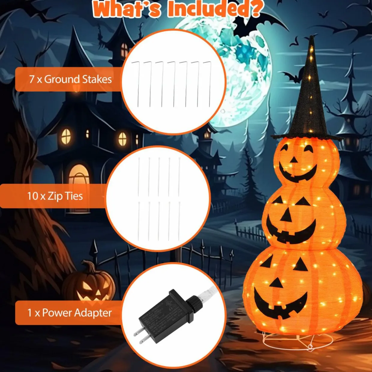Tangkula 5 FT Lighted Halloween Collapsible Stacked Pumpkins with Witch Hat, 100 LED Lights
