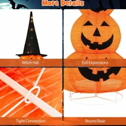 Tangkula 5 FT Lighted Halloween Collapsible Stacked Pumpkins with Witch Hat, 100 LED Lights
